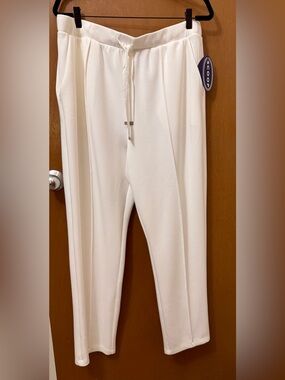 Women's Cream Straight-leg Pintucked Track Pant with Tie.